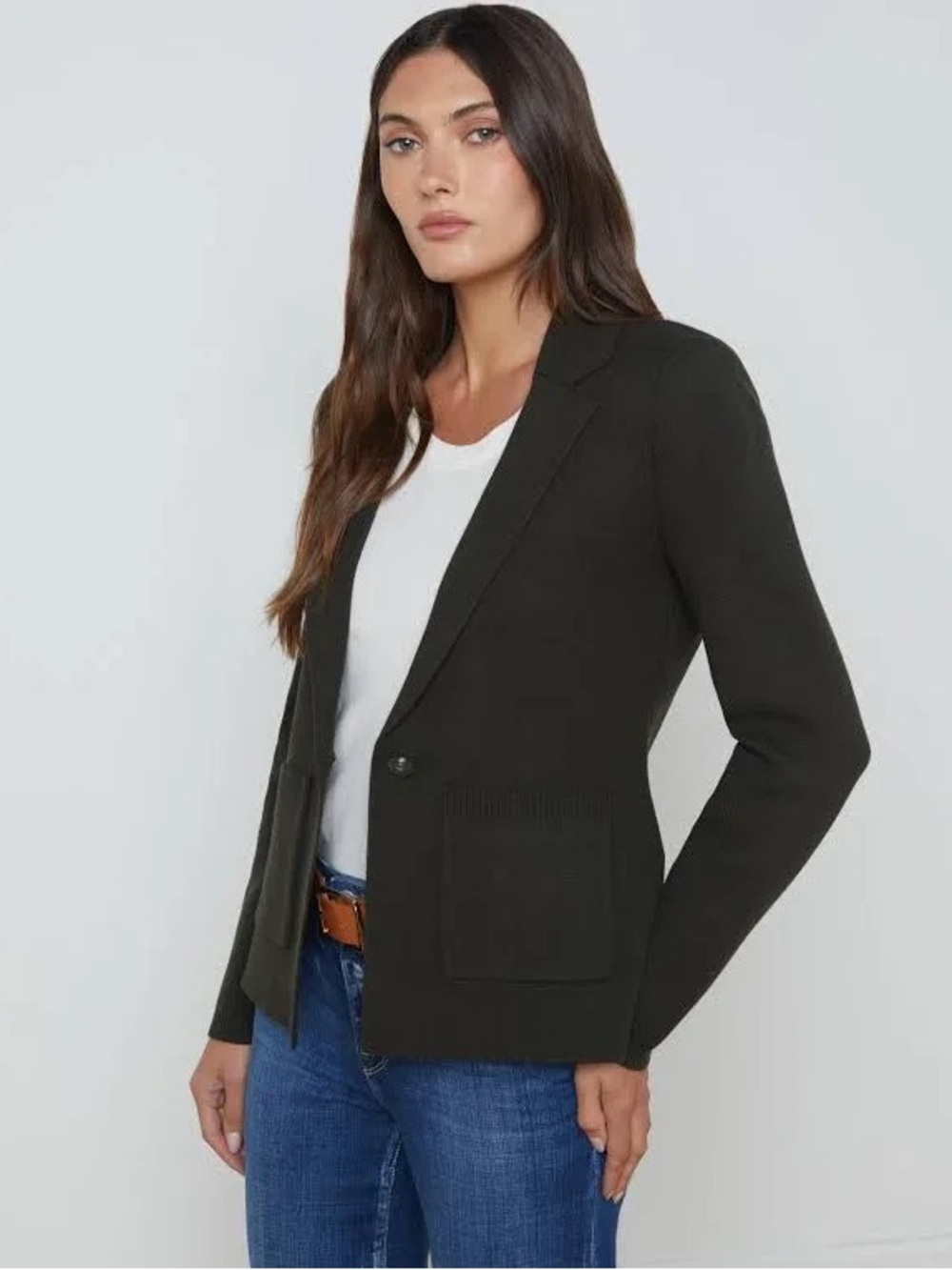 L’AGENCE lacey dark pine green long sleeve v-neck collared blazer large